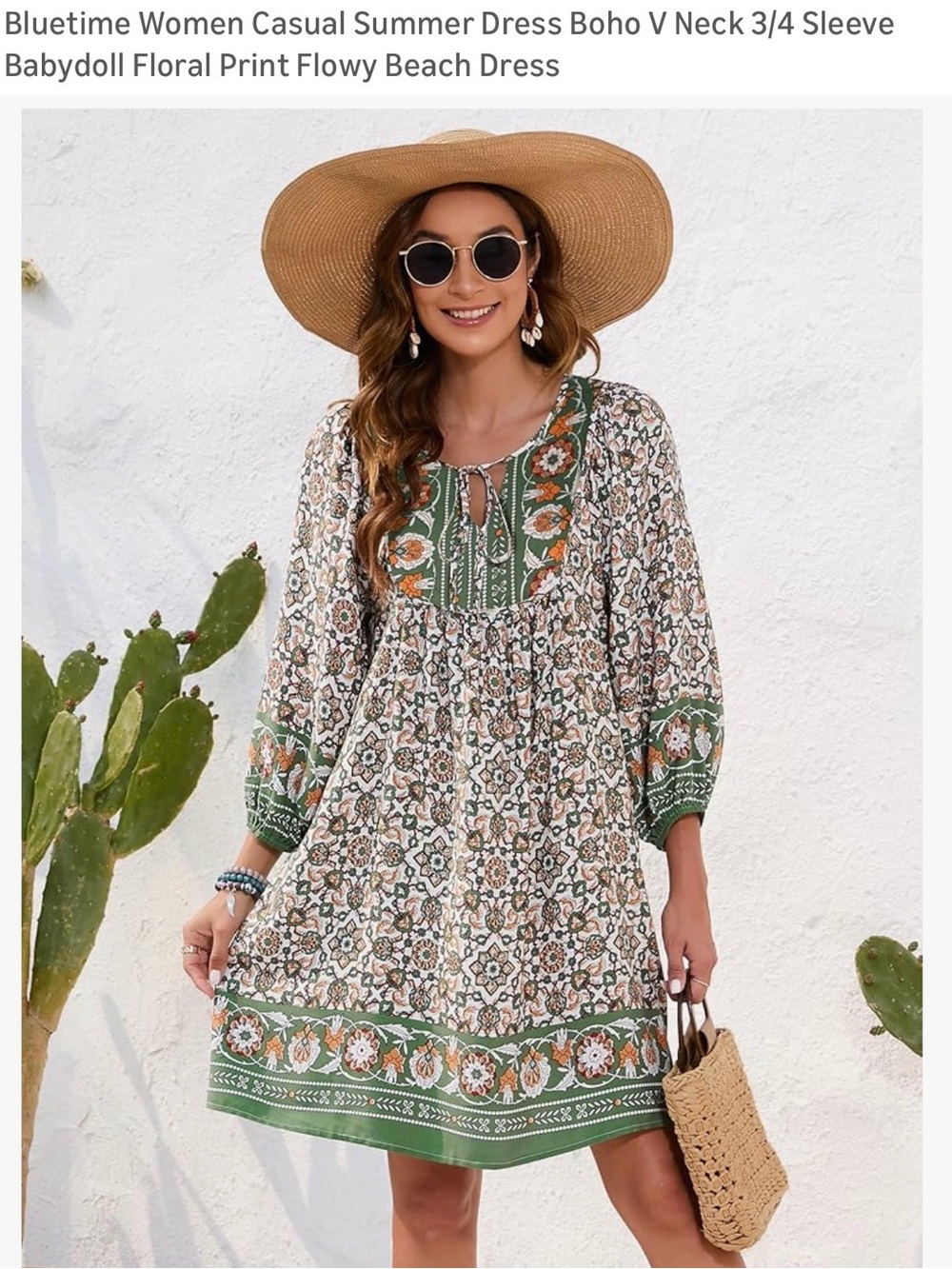 Women casual summer dress boho, v neck 3/4 sleeve floral print beach dress